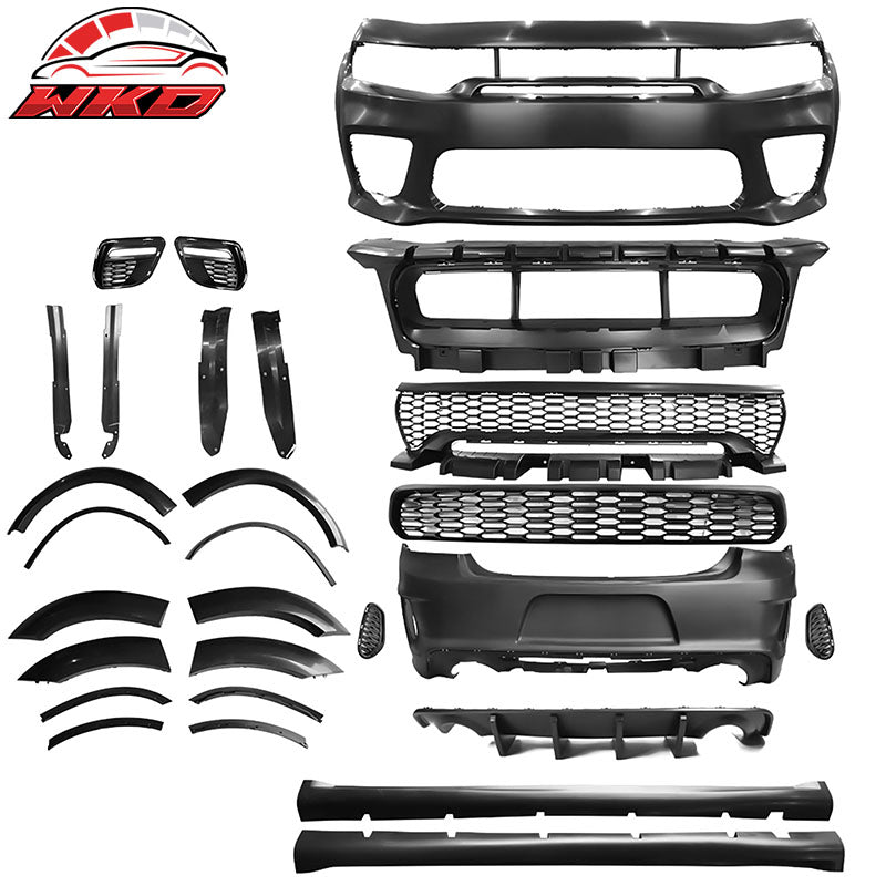 Fits 15-23 Dodge Charger Widebody Whole Bumper W/ LED Matte Black Diffuser Kits