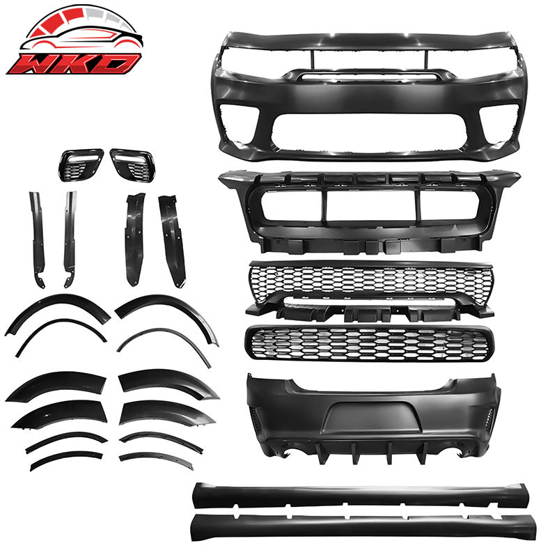 Fits 15-23 Dodge Charger Widebody Whole Bumper Gloss Black Diffuser Kits W/ LED