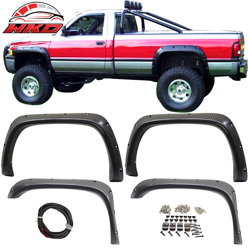 4PC Fender Flares 94-02 Ram1500 2500 3500 POCKET Style Smooth BLK ABS Rear+Front