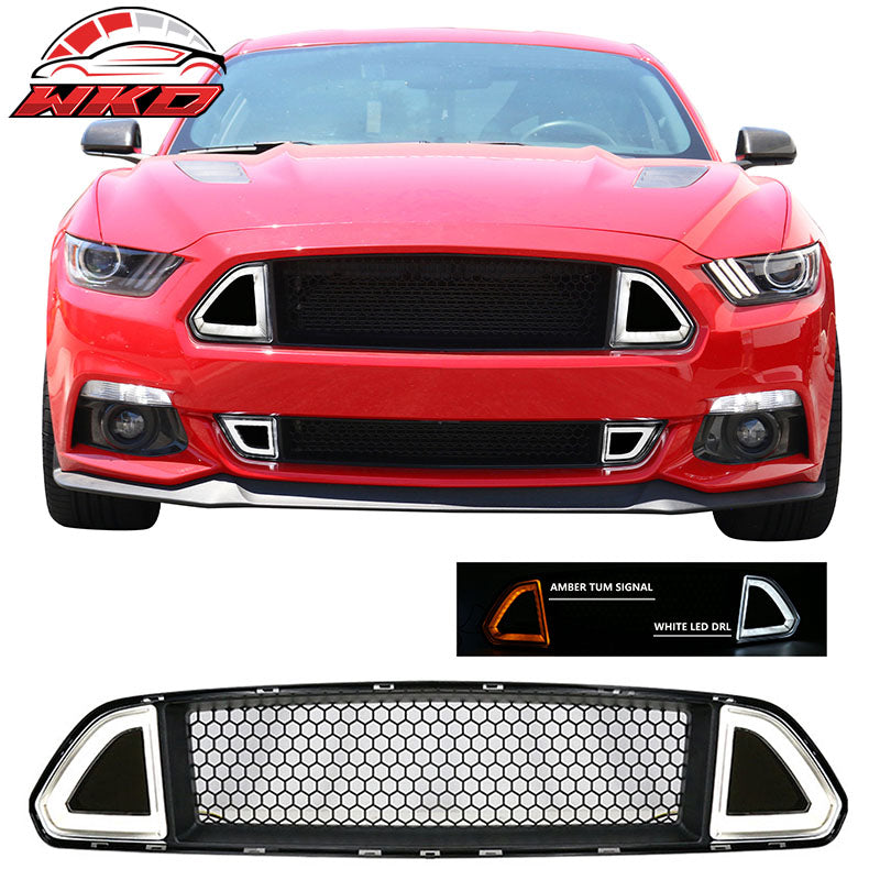 Fits 15-17 Ford Mustang IKON Style Front Upper Grille W/White DRL Yellow Signal