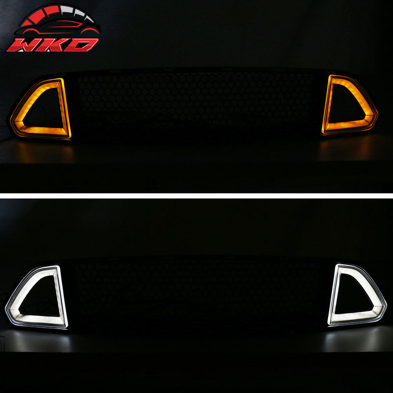 Fits 15-17 Ford Mustang IKON Style Front Upper Grille W/White DRL Yellow Signal