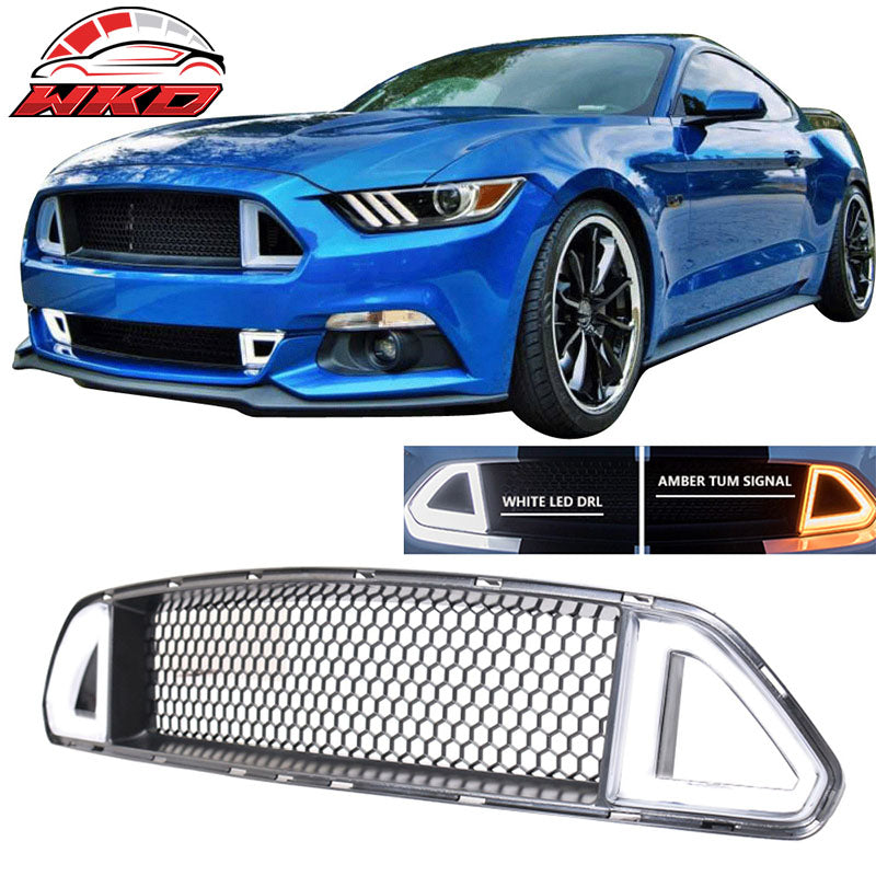 Fits 15-17 Mustang Front Hood Upper Grille White DRL LED With Amber Turn Signal