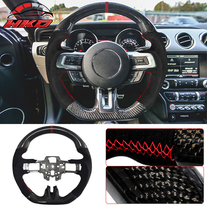 Fits 15-17 Mustang V3 Style Steering Wheel Matte Carbon Fiber Alcantara Red Ring