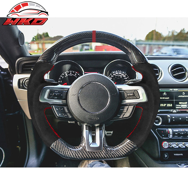 Fits 15-17 Mustang V3 Style Steering Wheel Matte Carbon Fiber Alcantara Red Ring