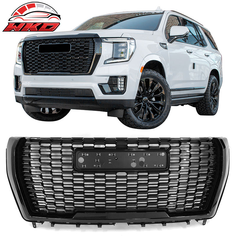 Fits 21-23 GMC Yukon/Yukon XL Denali Style Gloss Black Front Grille + Hood Guard