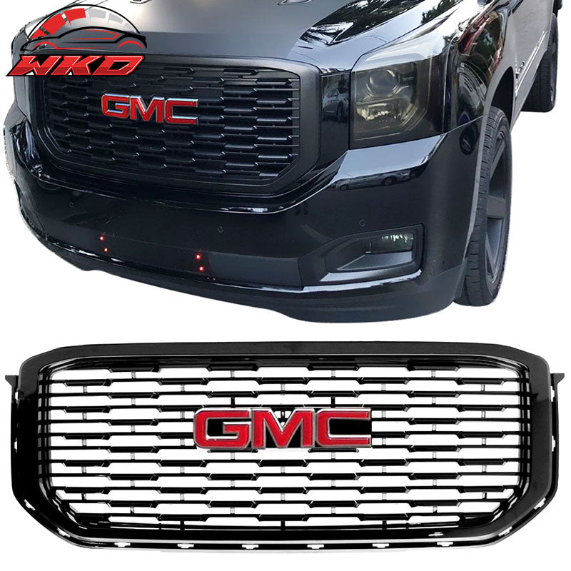 Fits 15-19 GMC Yukon Denali Style Front Upper Grille Unpainted ABS + Red Emblem