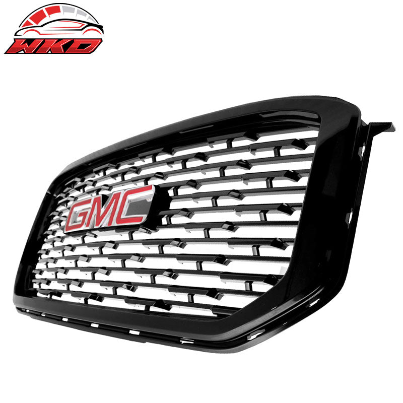 Fits 15-19 GMC Yukon Denali Style Front Upper Grille Unpainted ABS + Red Emblem