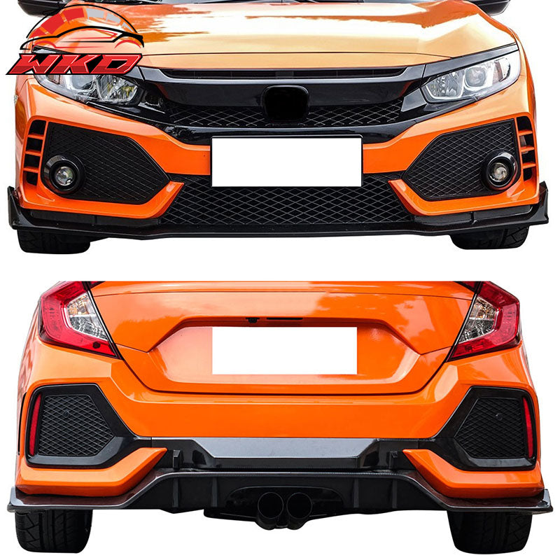 Fits 16-21 Honda Civic Sedan CTR Bumper + Lip +Grille Full Set Unpainted PP