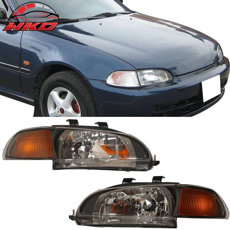 Fits 92-95 Honda Civic 4Dr Sedan Amber JDM Style Pair Glass Lens Headlights Lamp
