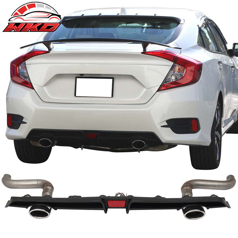 Fits 16-21 Honda Civic Sedan Rear LED Diffuser + Axle Back Dual 4in Exhaust Tips