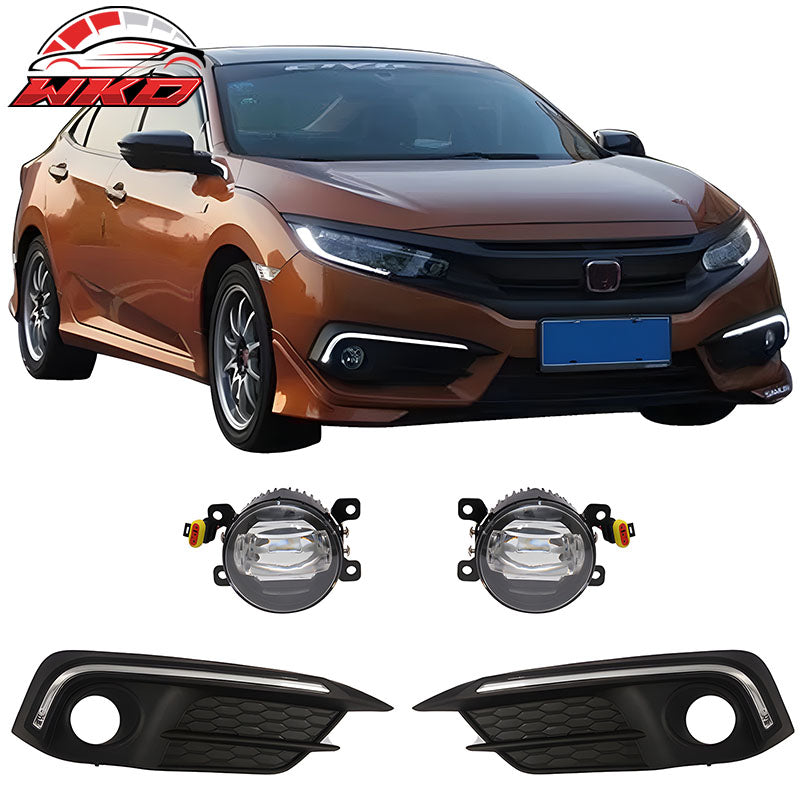 Fits 16-18 Civic Coupe Sedan LED DRL Daytime Running Lights + Fog Cover + Lamp