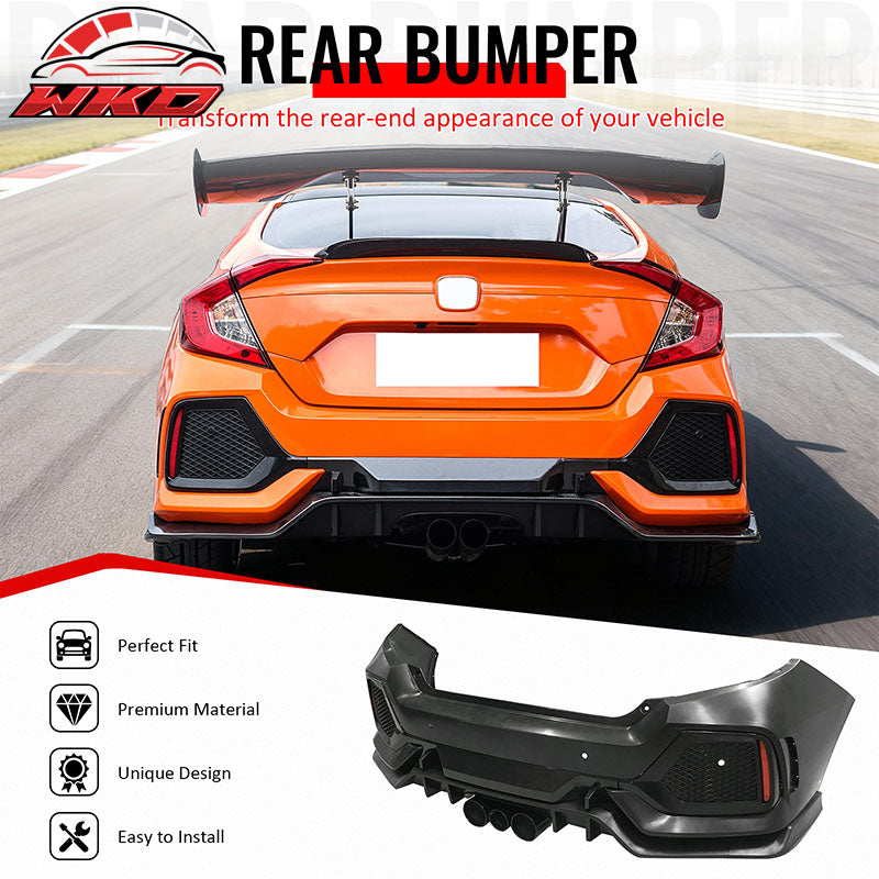 Fits 16-21 Honda Civic Sedan 4Dr 10th Gen CTR Type R Style Rear Bumper Cover PP