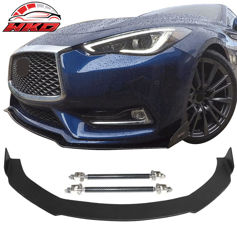Fits 17-22 Infiniti Q60 2Dr Coated Textured Matte Black Front Lip & Splitter Rod