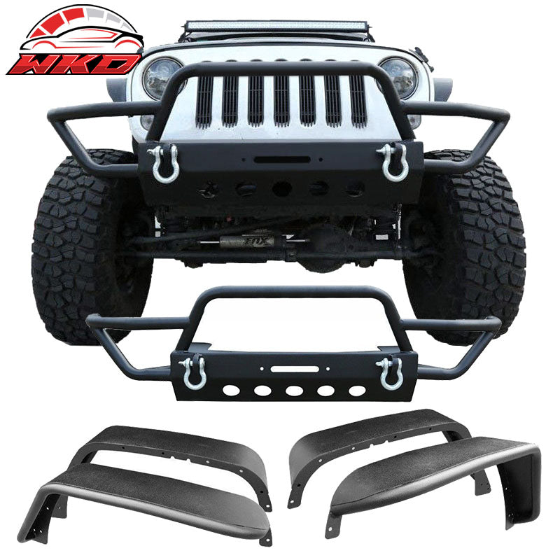Fits 07-18 Jeep Wrangler JK Front Bumper Bull Bar Grille + Fender Flares Pair
