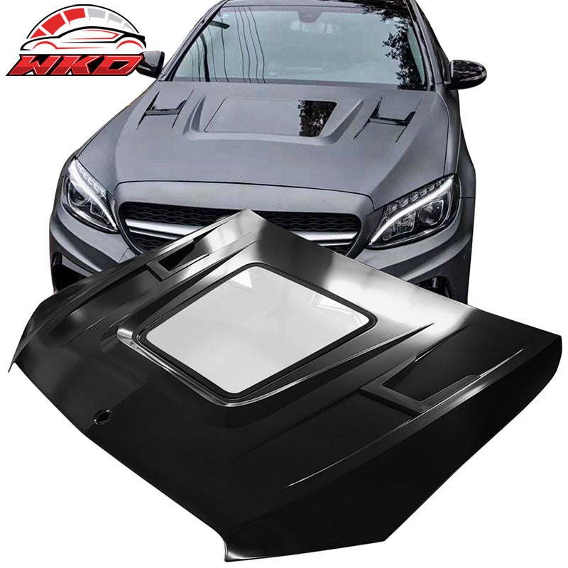 Fits 15-20 Mercedes W205 C Class V1 Style Transparent Vented Hood -Iron + Glass