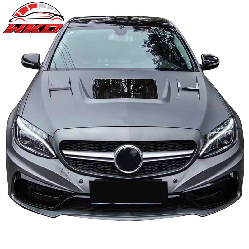Fits 15-20 Mercedes W205 C Class V1 Style Transparent Vented Hood -Iron + Glass