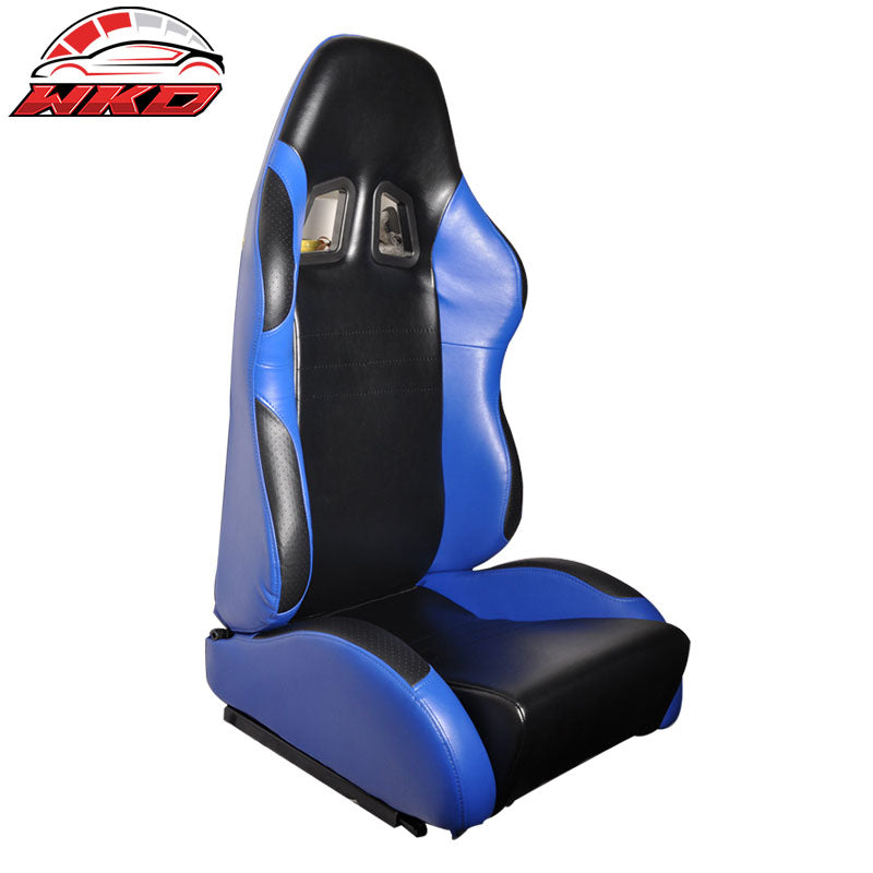 One Pair of Racing Seats Black Blue PVC Leather Full Reclinable W/ Slider