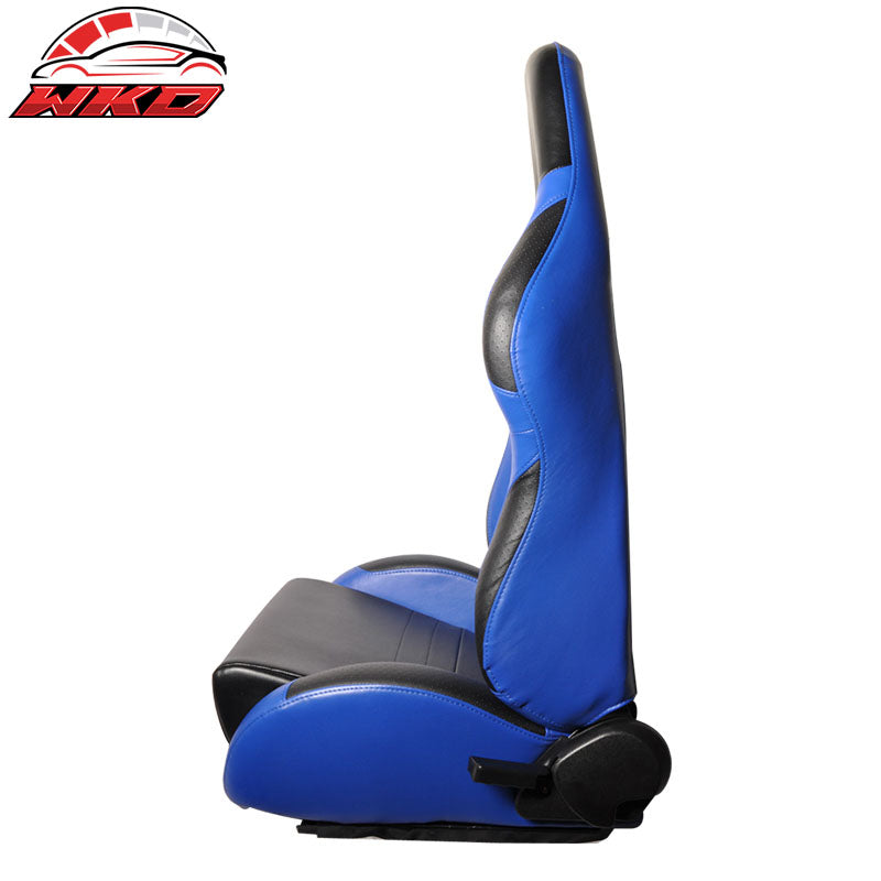 One Pair of Racing Seats Black Blue PVC Leather Full Reclinable W/ Slider