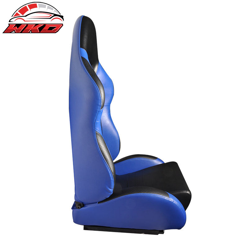 One Pair of Racing Seats Black Blue PVC Leather Full Reclinable W/ Slider