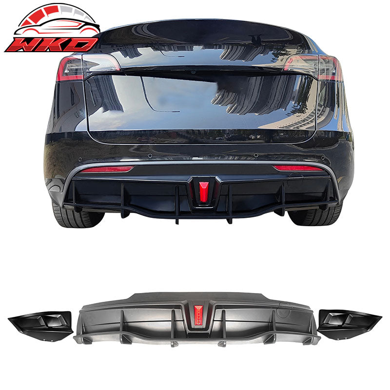 Fits 20-25 Tesla Model Y IKON Matte Black Rear LED Diffuser Lip W/ Corner Aprons