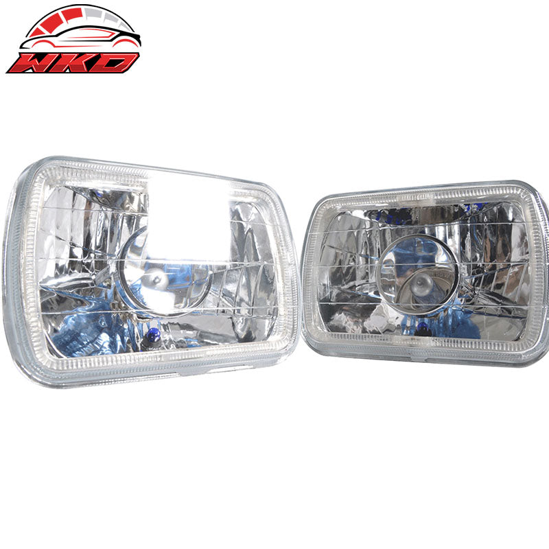 7x6 In Blue Halo H4 Bulb Sealed Beam Square Projector Headlight Headlamp Set