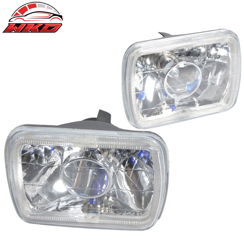 7x6 In Blue Halo H4 Bulb Sealed Beam Square Projector Headlight Headlamp Set