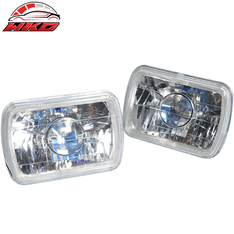 7x6 In Blue Halo H4 Bulb Sealed Beam Square Projector Headlight Headlamp Set