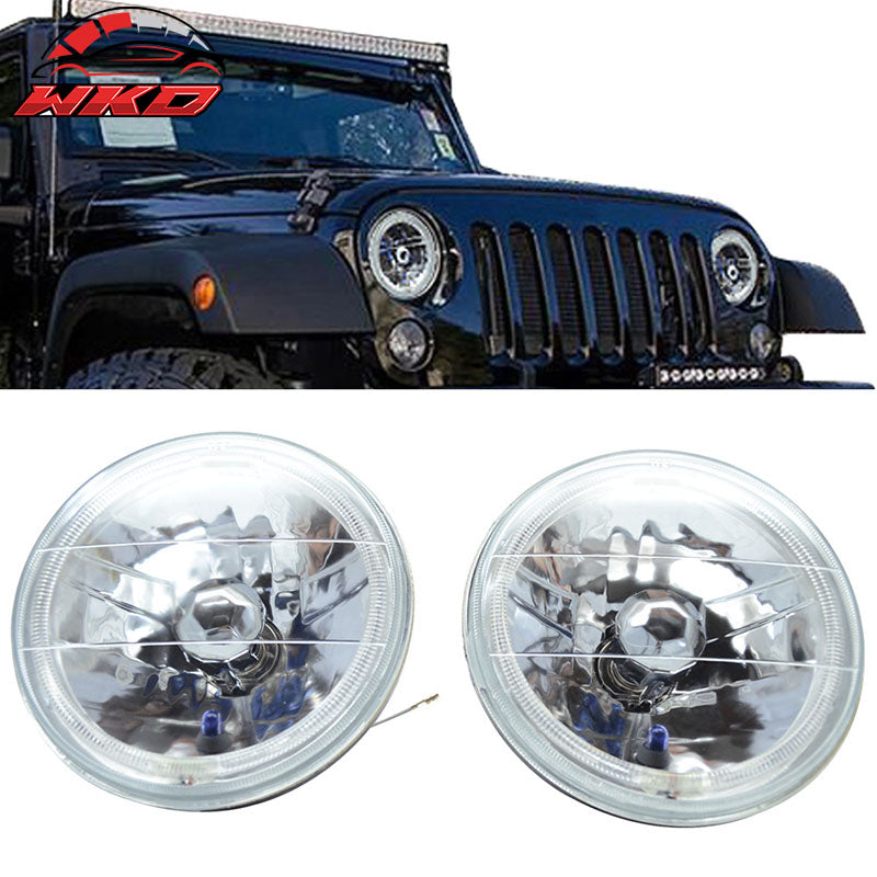 Fits 7 Inch Round Chrome Clear Housing White Halo Headlights & H4 Lamp 2PCS