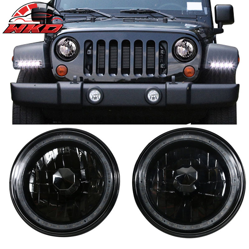 Universal 2PCS 7" Round Headlights Chrome Half White Black W/RGB Halo Head Lamps