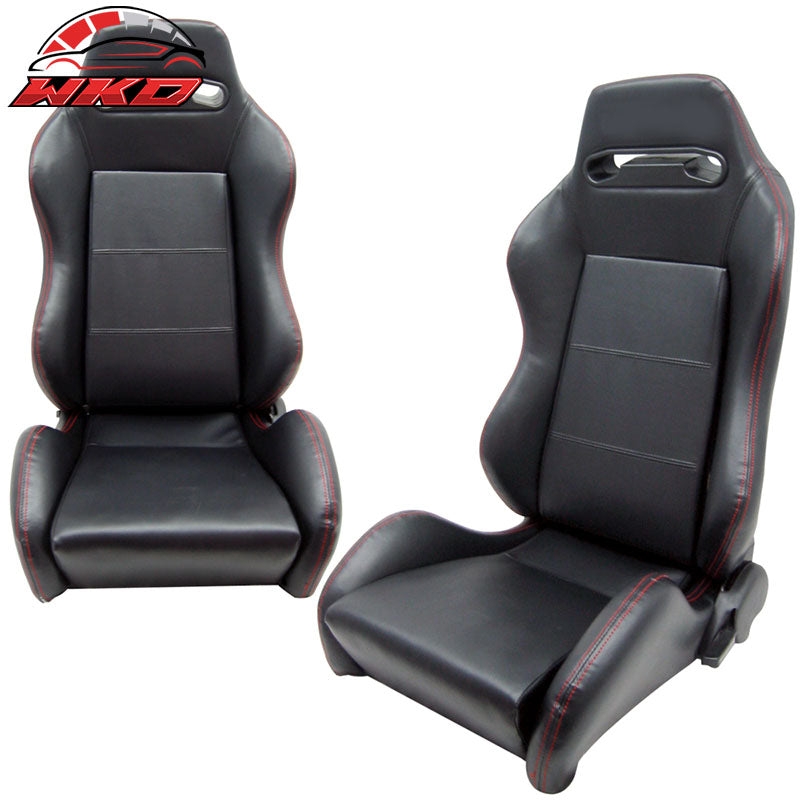 Wholesale Recardo Style PVC Black Racing Seats Style (Pair) Red Stitch