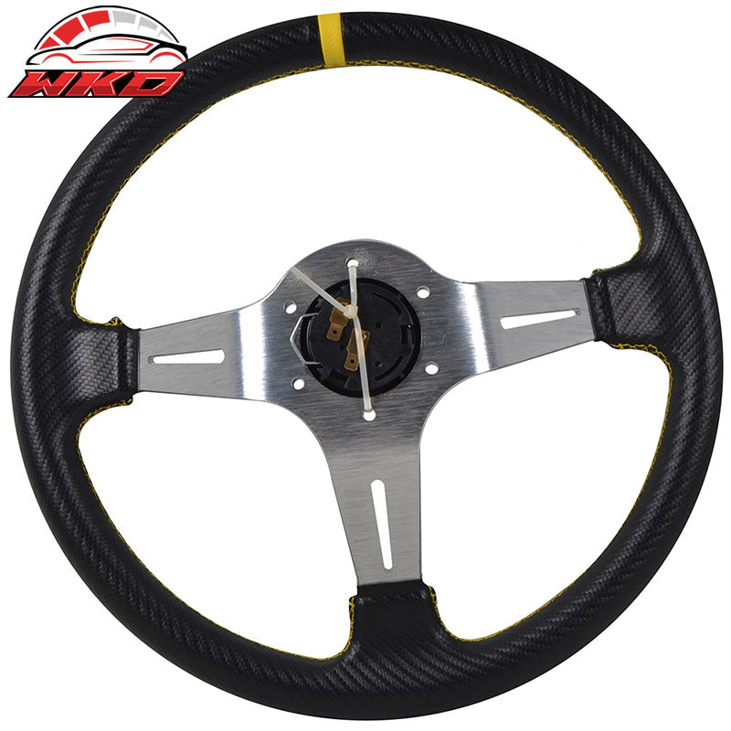 Wholesale Universal 350MM Steering Wheel 6 Hole Silver Spoke Yellow & Black Emblem
