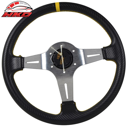 Wholesale Universal 350MM Steering Wheel 6 Hole Silver Spoke Yellow & Black Emblem