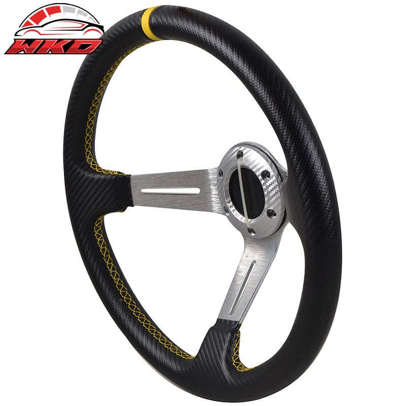 Universal 350MM Steering Wheel 6 Hole Silver Spoke Yellow & Black Emblem