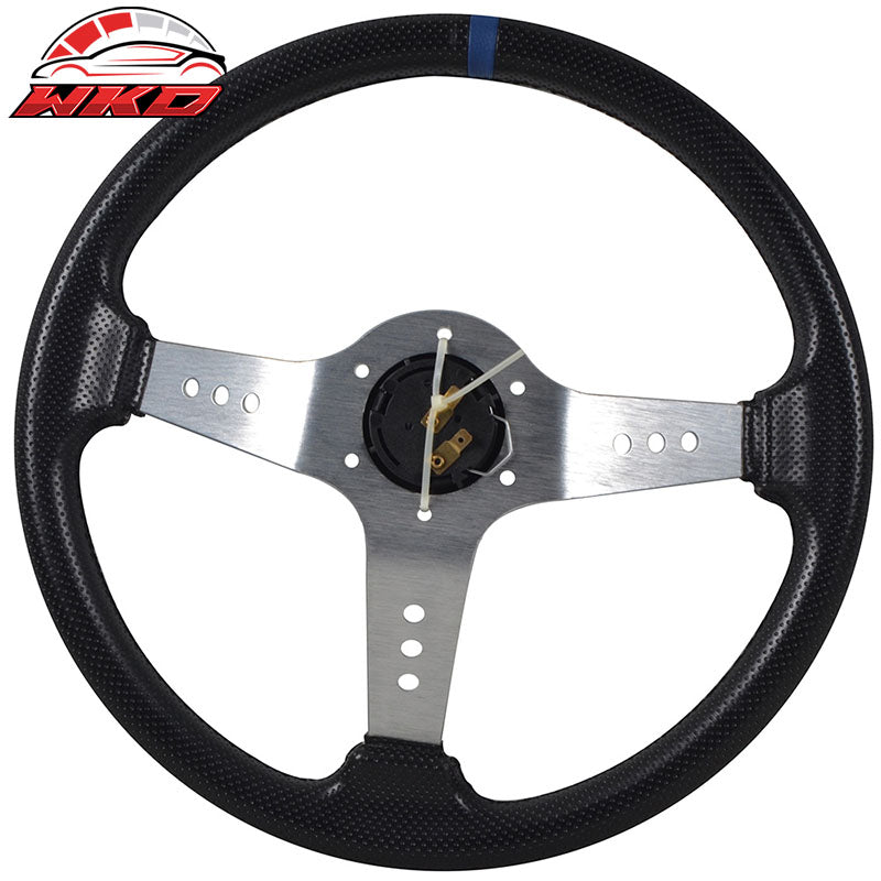 Wholesale Universal 350MM 6 Hole Steering Wheel Deep Dish Silver Spoke Horn & Black Emblem