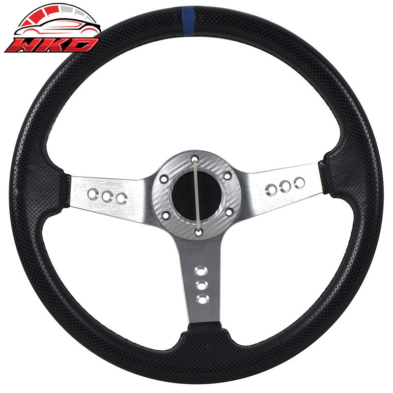 Universal 350MM 6 Hole Steering Wheel Deep Dish Silver Spoke Horn & Black Emblem