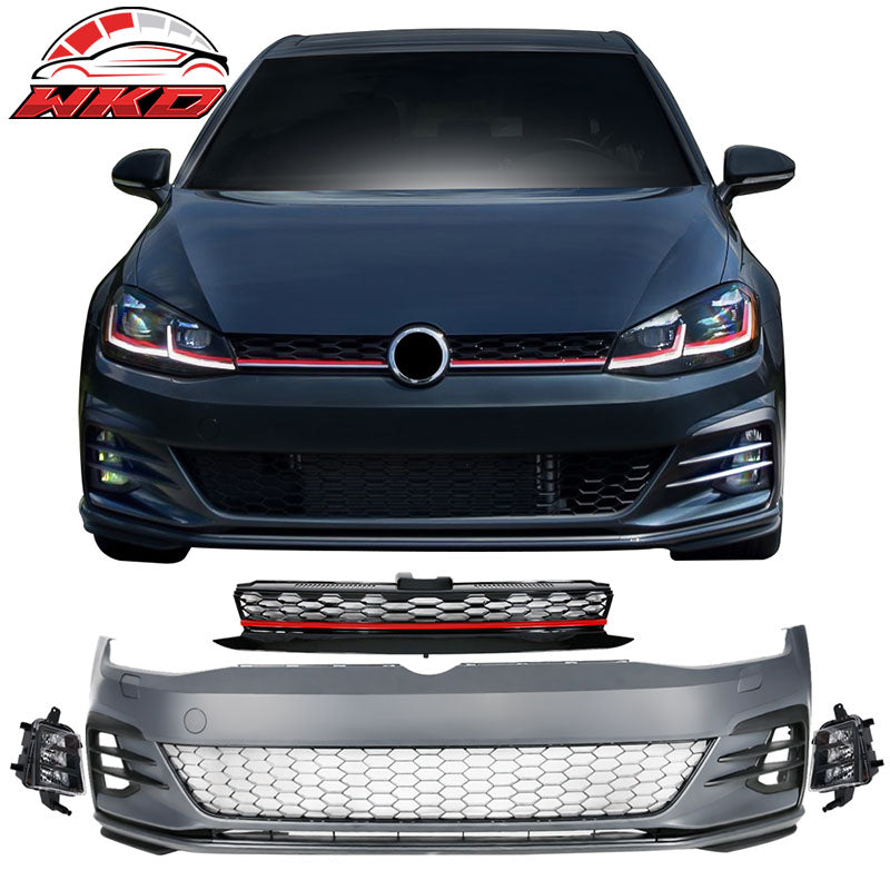 Fits 17-19 VW Golf MK7 7.5 GTI Style Front Bumper Cover Kit w/ Fog Lights Grille