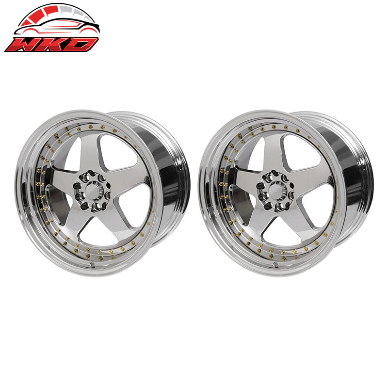 (2) 18X9.0 +30 5X100 / 5X114.3 Step Lip 5 Spoke Wheels Rim Kit Chrome Pair